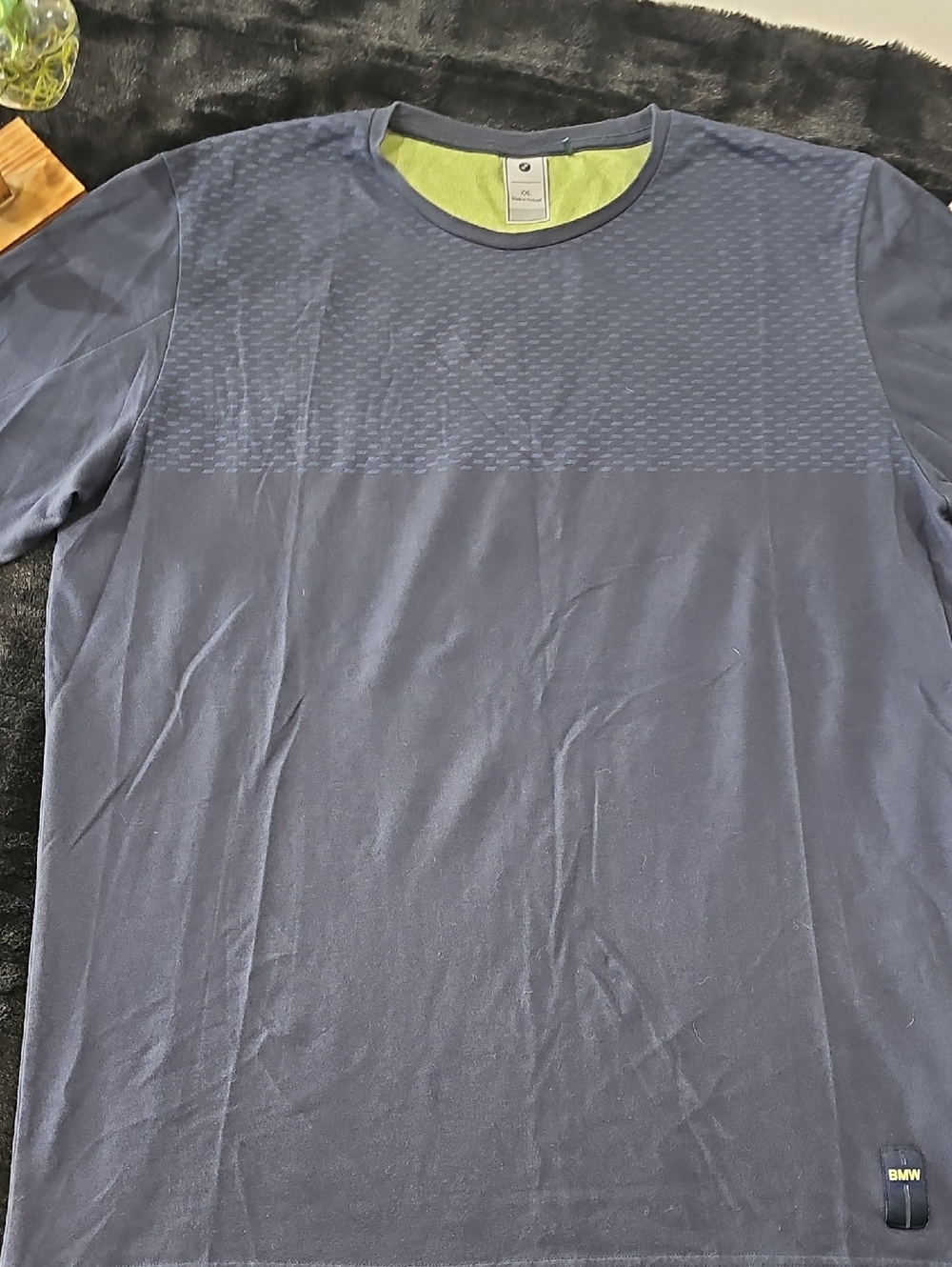 BMW Men’s Navy Short Sleeve Crew Tee with Lime Contrast Collar